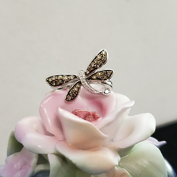 Diamond and Blue Topaz Sterling Silver Dragonfly Ring Size 7 - Picture 3 of 15